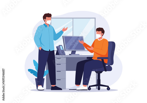 Vector art of two businessmen wearing face masks discussing work in an office setting