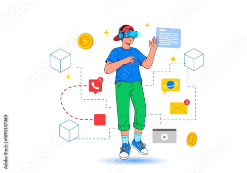 Vector art of young person wearing vr headset interacting with virtual reality interface and digital icons