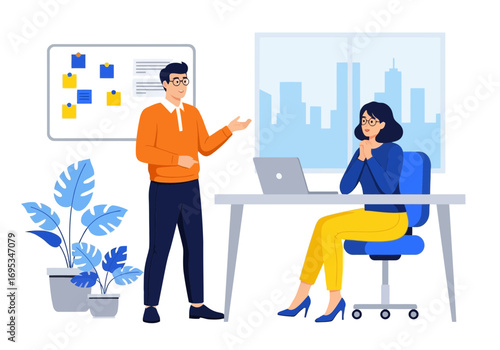 Vector art of business meeting in modern office with city view, man presenting to woman at desk with laptop