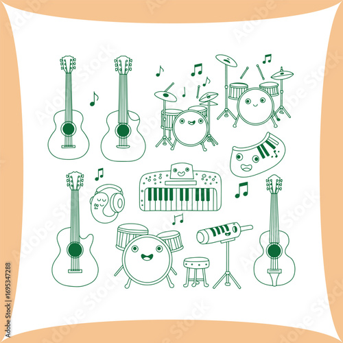 Musical Instruments Cartoon Illustration Featuring Guitars Drums Keyboard and More.