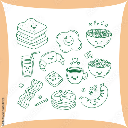 Set of Cute Cartoon Breakfast Food Illustrations.