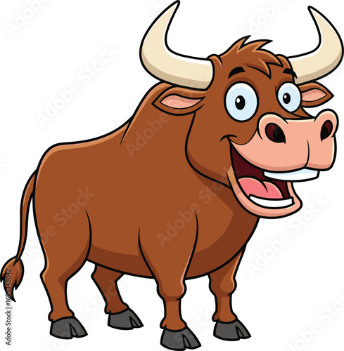 Cartoon brown bull, blue eyes, smiling face, white horns, friendly farm animal character design, cad drawing flat vector illustration