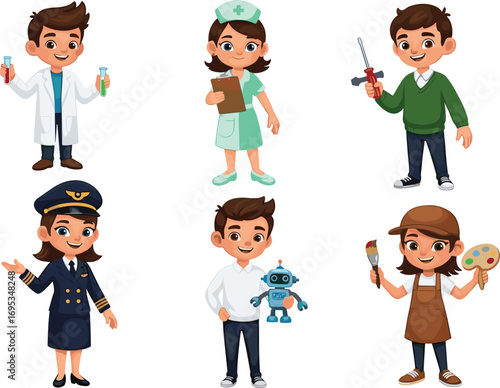 Cartoon children in professional outfits, scientist, nurse, mechanic, pilot, robotics engineer, artist, kids career illustration, educational vector