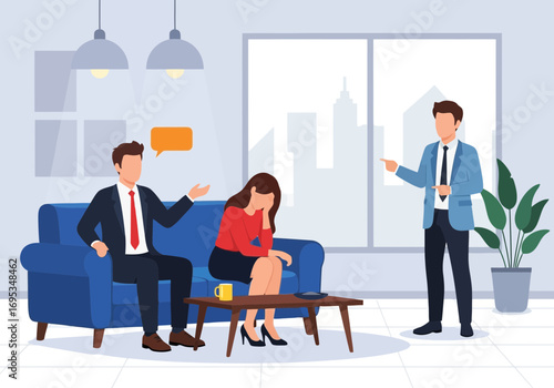 Vector art of a couple sits on a couch with a therapist standing and gesturing while they discuss their relationship issues in a modern office setting
