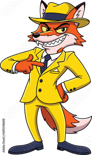 Cartoon fox in yellow suit and hat, confident pose, anthropomorphic animal character design, cad drawing flat vector illustration