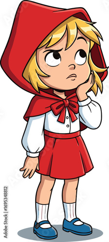 Cartoon Little Red Riding Hood girl, blonde hair, red cape, white blouse, red skirt, fairy tale character, cad drawing flat vector illustration