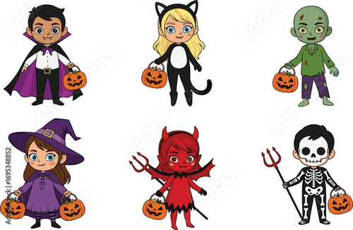 Cartoon kids in Halloween costumes, vampire, cat, zombie, witch, devil, skeleton, pumpkin candy buckets, cad drawing flat vector illustration