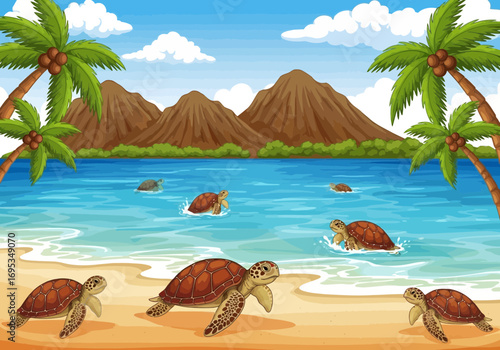 Vector art of sea turtles emerge from the ocean onto a tropical beach with palm trees and volcanic mountains in the background under a bright blue sky