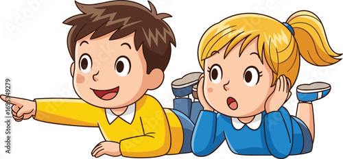 Cartoon two kids lying on stomachs, pointing and surprised expressions, friendship scene, cad drawing flat vector illustration