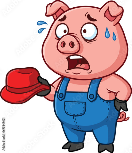 Cartoon pig in blue overalls, holding red hat, surprised expression, sweat drops, funny farm animal, cad drawing flat vector illustration
