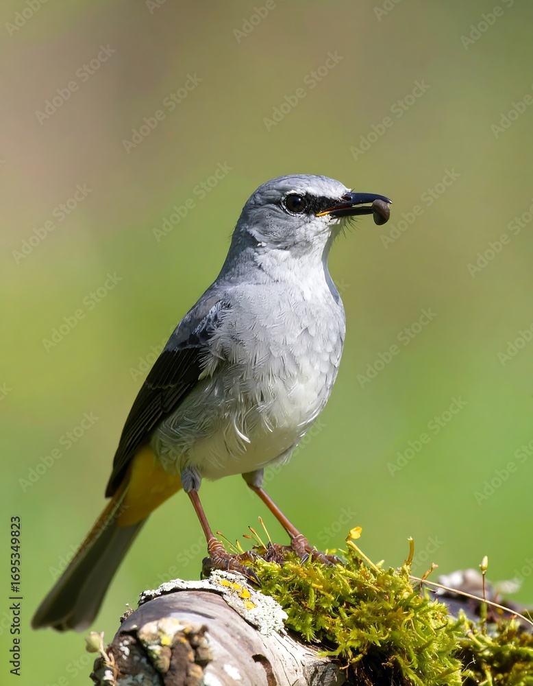 Obraz premium Gray bird with yellow tail perched on log