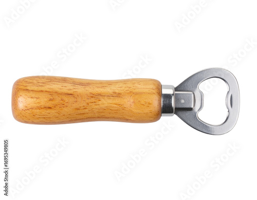 Flat Lay of Vintage Bottle Opener with Wooden Handle on White Surface, Isolated