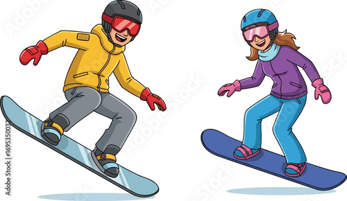 Cartoon two snowboarders jumping, yellow and purple jackets, winter sports action scene, extreme snowboarding design, cad drawing flat vector illustration