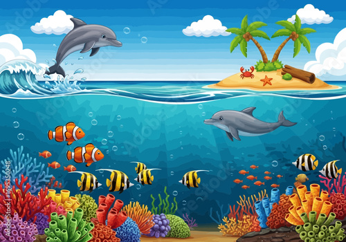 Vector art of dolphins swim in the ocean near a tropical island with palm trees, while colorful fish swim among coral reefs below