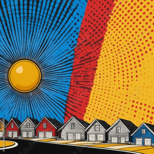 Vibrant Pop Art Suburban Neighborhood Illustration with Stylized Sun