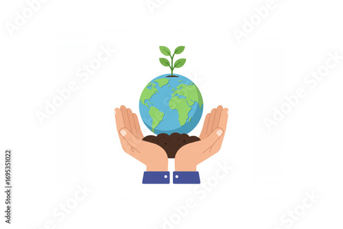 Hands Holding Earth with Growing Plant Illustration