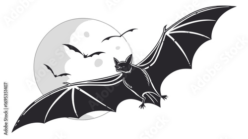 Flying bat under crescent moon silhouette halloween vector 