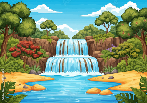 Vector art of beautiful cartoon waterfall cascading into a clear blue pool surrounded by lush green trees and sandy shore under a bright blue sky with clouds