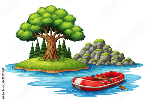 Vector art of a red inflatable raft with a paddle floats on blue water near a lush green island with a large tree and rocky hill