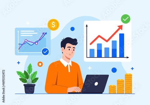 Vector art of a man in an orange sweater works on a laptop with financial charts and graphs showing upward trends and stacked coins