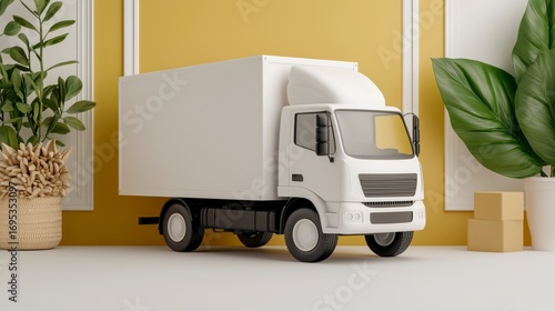 White Delivery Truck Model on White Surface with Yellow Background