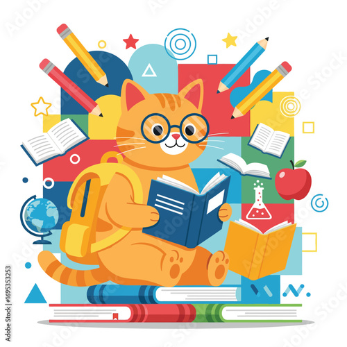 Cute Geometric Cat Character Reading Books for Education and Learning