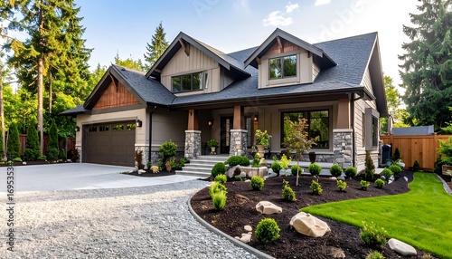 Modern Luxury Home Exterior Driveway with Landscaping, and and Stylish Architecture.