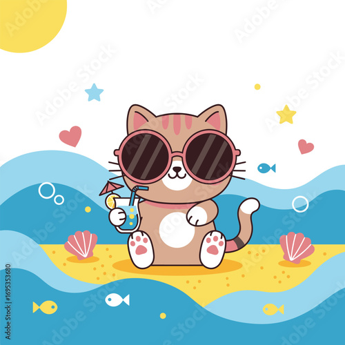 A cute cat character in a flat geometric style enjoying a summer beach vacation with a cocktail and sunglasses