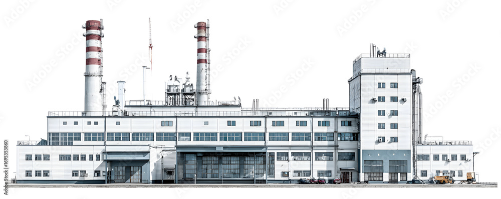 Fototapeta premium A large factory building with industrial architecture, smokestacks, and structural details, isolated on white background.