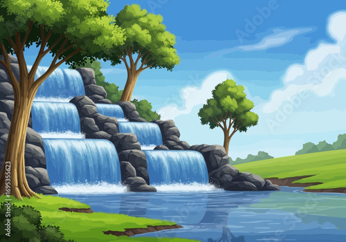 Vector art of serene pixel art landscape featuring a multitiered waterfall cascading into a clear blue pool surrounded by lush green trees and rolling hills
