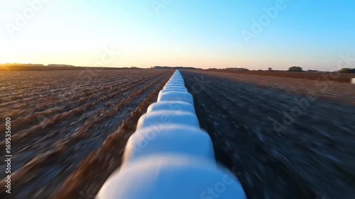 High-speed perspective shot racing alongside a seemingly endless row of white silage cotton bales across a vast agricultural field at sunset