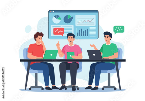 Vector art of three men in casual attire sit around a table with laptops, looking at a digital dashboard displaying charts and graphs during a collaborative work session