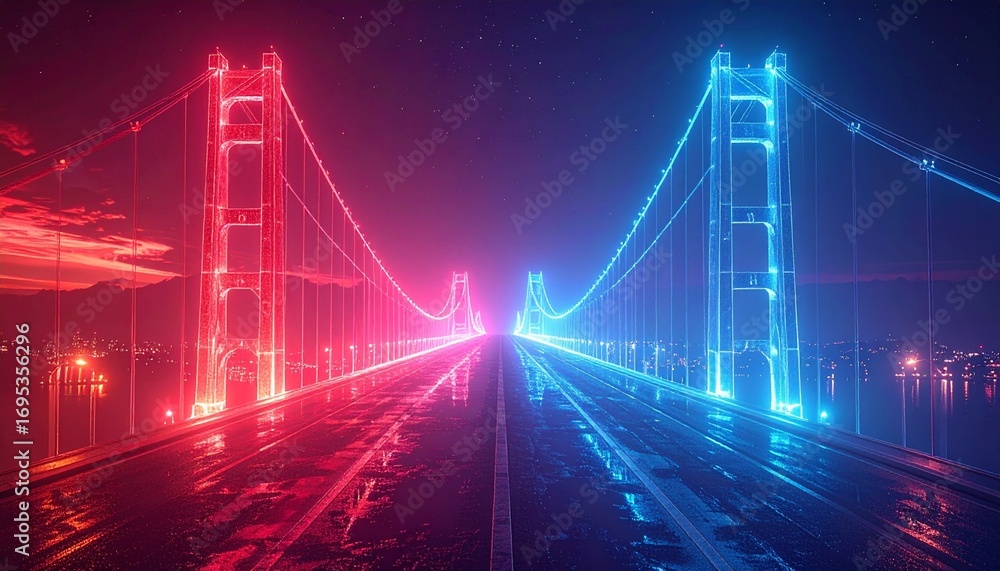 Obraz premium X-ray vertical diagram of abstract bridge connecting two sides in red and blue palette