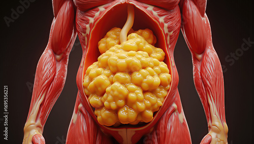 3D anatomical full-body render of human figure muscles fibrous red striated tendons showing thick fat yellow porous sponge-like glossy uneven concentrated on stomach gut