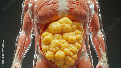 3D anatomical full-body render of human figure muscles fibrous clear striated tendons showing thick fat yellow porous sponge-like glossy uneven concentrated on stomach gut