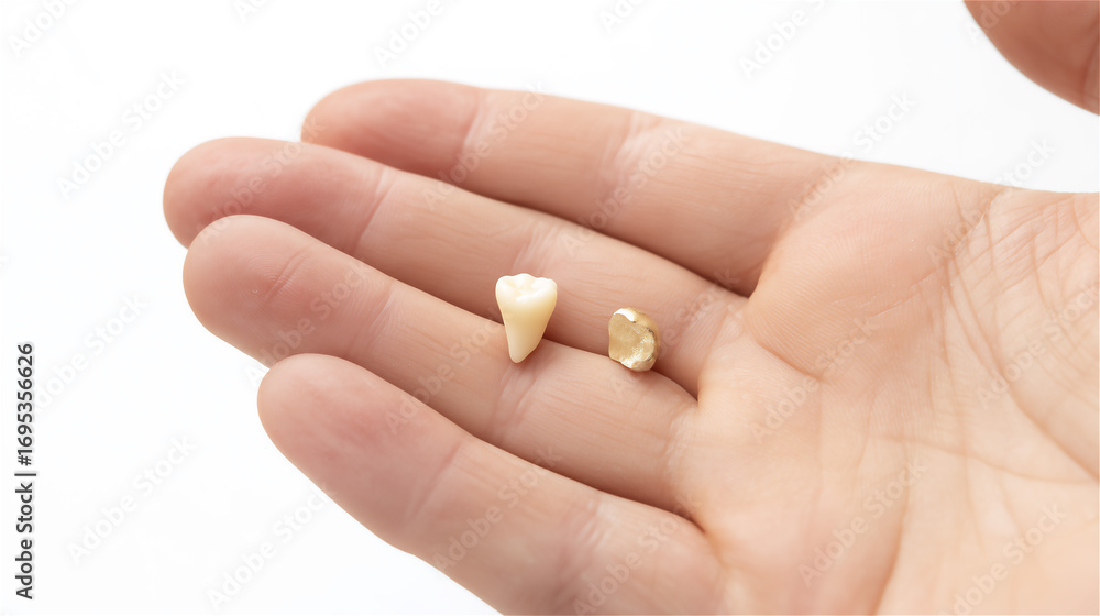Naklejka premium 手の平に乗せた欠けた歯と金の詰め物