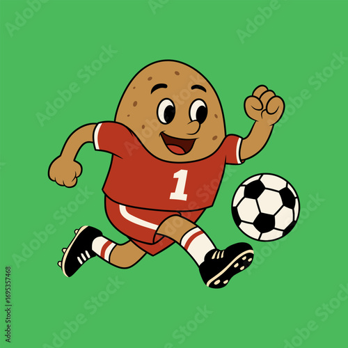 Cartoon Potato Mascot Playing Soccer with Red Jersey on Green Background