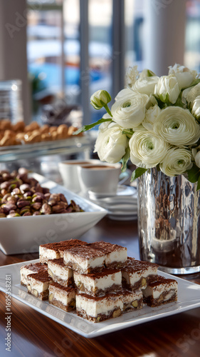 Wallpaper Mural Elegant display of desserts, pistachio nuts, and white flowers in a textured vase on a shiny table during a formal occasion. Torontodigital.ca