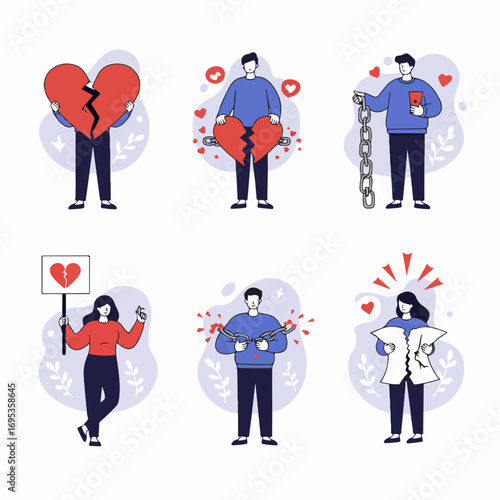 Vector illustrations depicting the stages of heartbreak, broken relationships, emotional pain, and liberation from love, including concepts of separation and divorce.