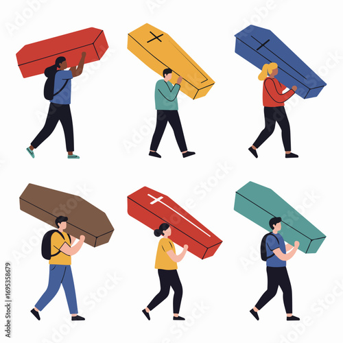 Diverse people carrying colorful coffins, symbolizing the universal burden of mortality, loss, and the funeral process.