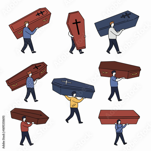 People Carrying Coffins and Caskets: A Collection of Illustrations for Funeral Services and Burial Themes.