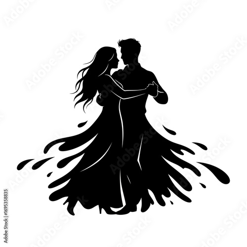 Elegant couple dancing silhouette with flowing dress