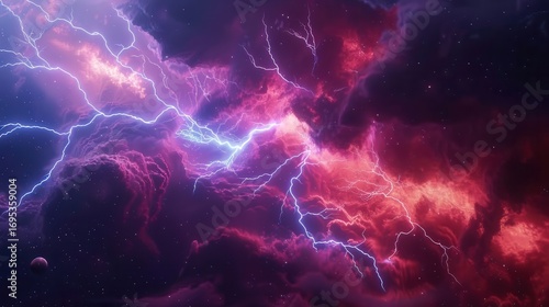 Dramatic sky with lightning strikes and colorful clouds.