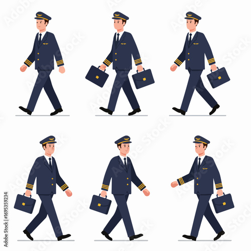Animated pilot character in various walking poses, wearing a dark blue uniform and hat, sometimes with a briefcase. Flat vector illustration for aviation, travel, or career design.