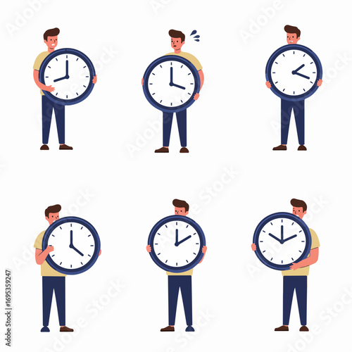 Man holding a large clock, depicting various time management concepts and related emotions like stress, deadlines, and urgency on a white background.