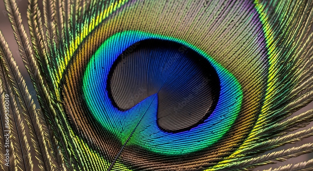 Fototapeta premium A close-up view of a peacock feather reveals vibrant, iridescent colors and intricate patterns.