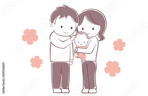 乳児を抱いた母親と頭をなでる父親のイラスト