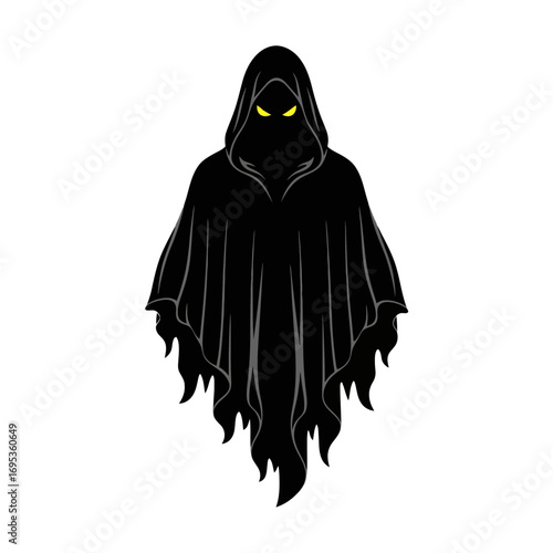 Scary black grim reaper ghost with glowing yellow eyes