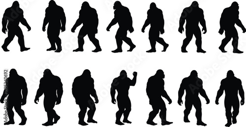 Bigfoot silhouette collection, Sasquatch vector graphic set, walking yeti black figures, cryptid creature illustration for mythology, folklore, and legends