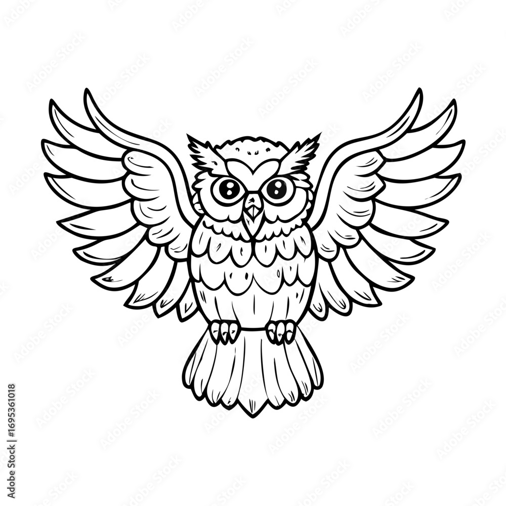 Obraz premium Owl Bird Flying with Wings Spread Outline Vector Illustration